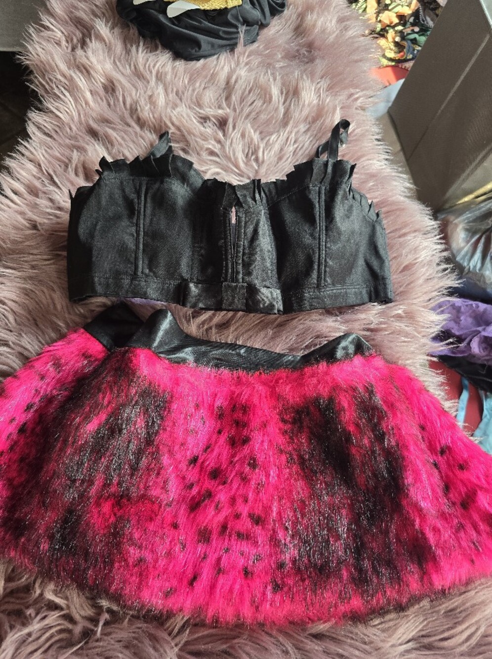 PrettyLittleThing Black Bustier with Hot Pink & Black Faux Fur Mini Skirt